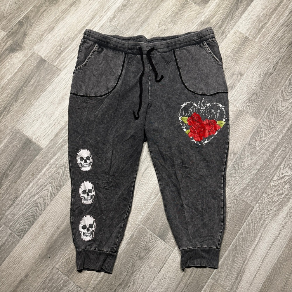 LoveSick Womens Acid Wash Skull Rose Heart Joggers Gray Plus Size 4 Goth Punk